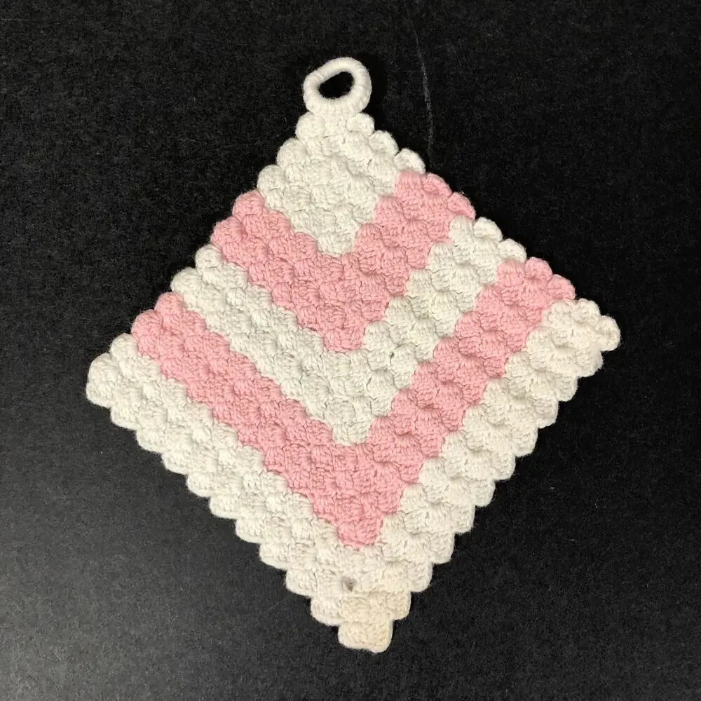 Vintage Potholders, Crocheted Pink, Aqua Blue, Red and White, Set of Four Retro